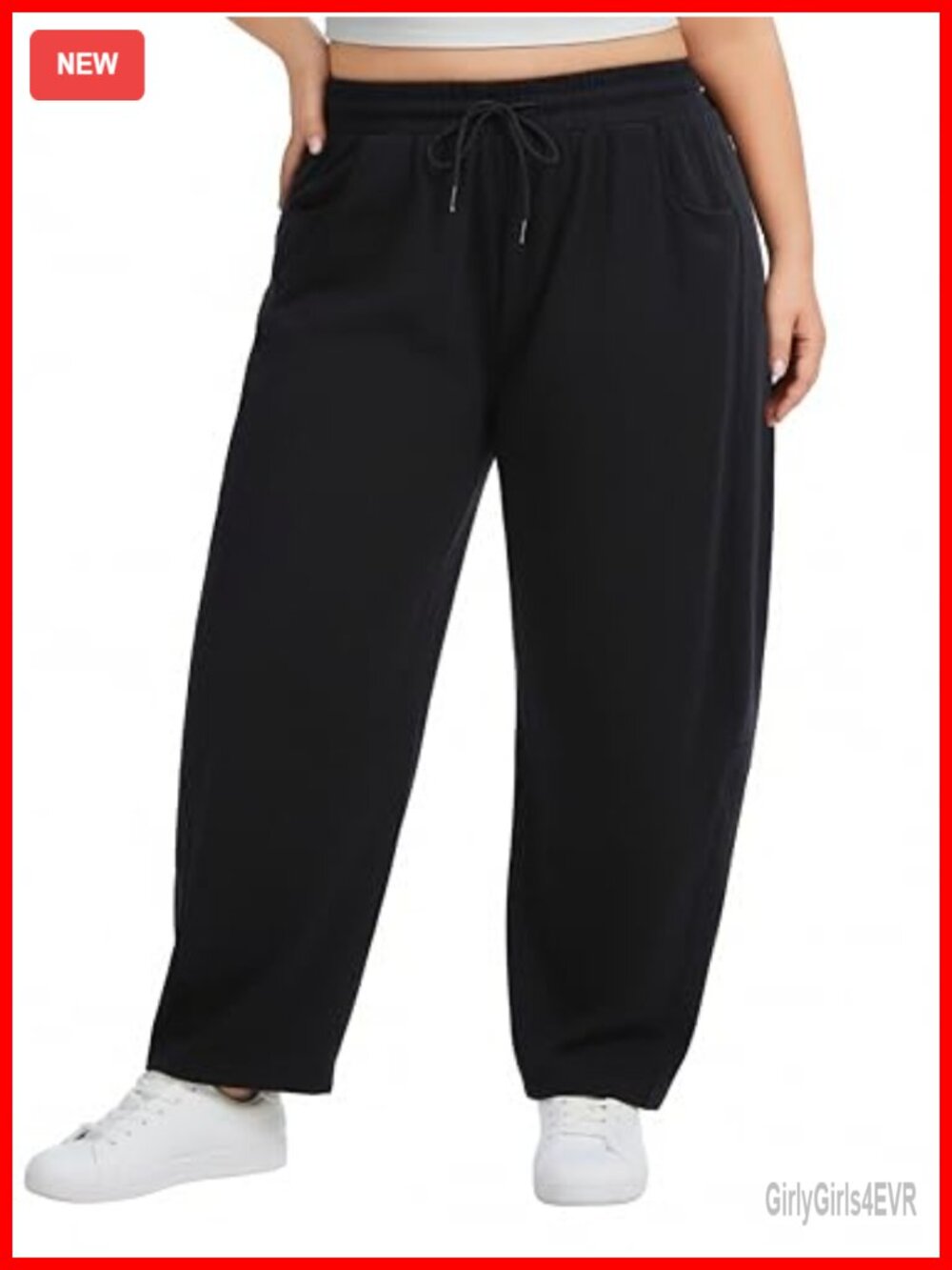 Plus Size Cotton Barrel Leg Sweatpants High Waisted Wide Leg Drawstring Pockets
